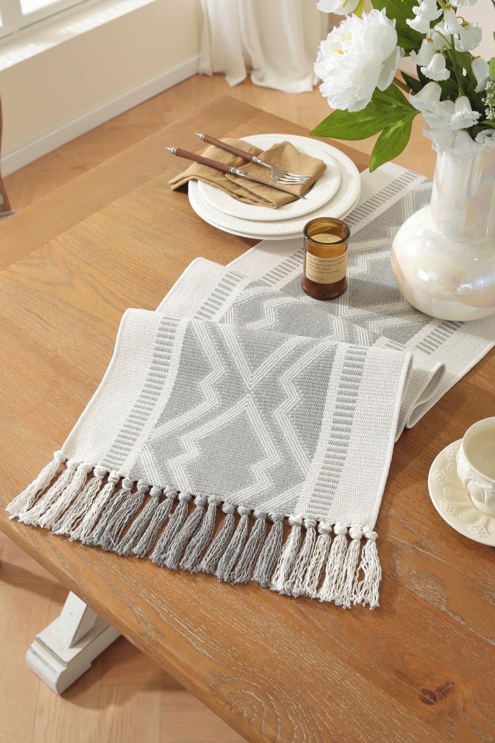 Boho Table Runner ， Natural Cotton Woven Gray Runner，for Modern Farmhouse Decor, with Tassels for Home Dining Table Decor 14 x 90 Inch Long