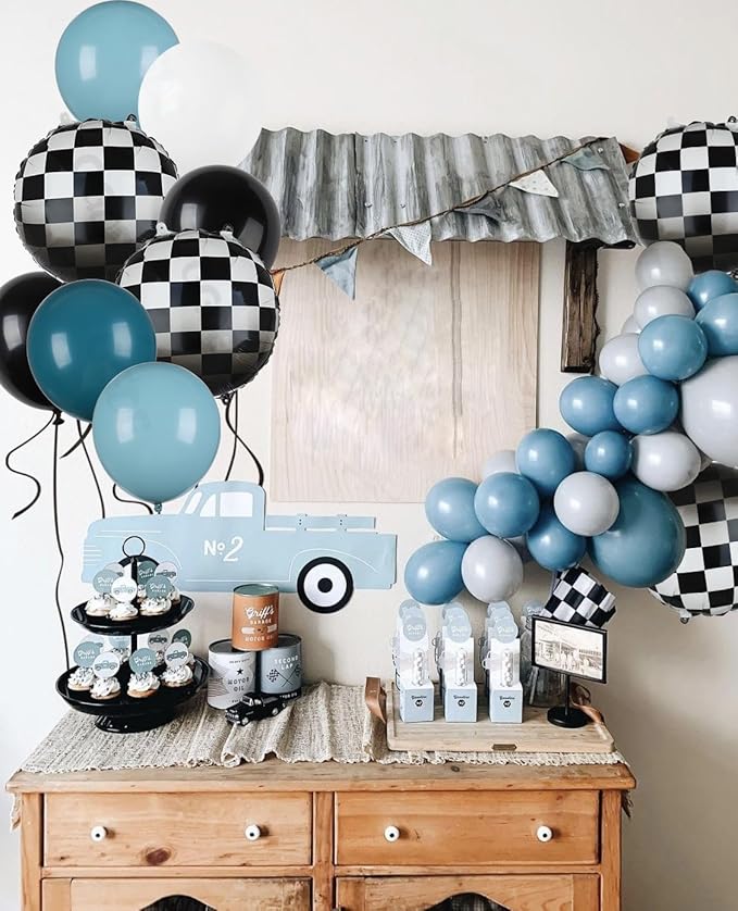 Race Car Balloon Bundle Checkered Balloons Blue Black Latex Balloon Boy One Happy 1st 2nd Vintage Two Fast Theme Fast One Race Car Birthday Party Decor Supplies 20 Pcs Kit