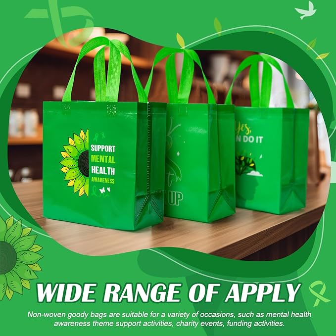 HunnmingRe 30 Pcs Mental Health Awareness Gifts Bags with Handles Green Party Favor Bag Bulk Mental Health Awareness Item Reusable Non Woven Handbags for Public Charity Event Party Supplies, 6 Style