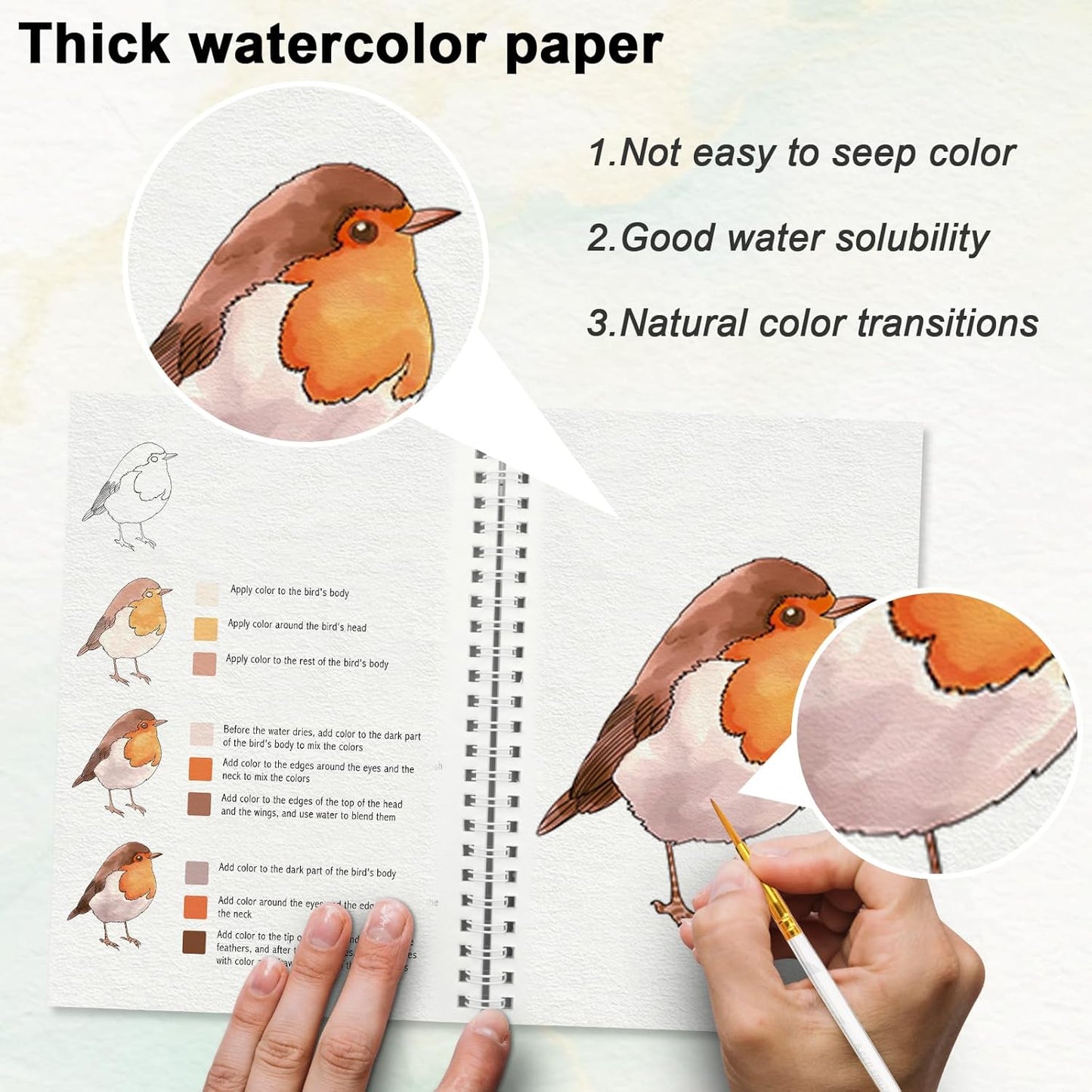 Watercolor Workbooks with Step by Step for Adults Teens - Beginner Watercolor Workbook with 12 Coloring Book Pages -100% Cotton 300gsm/140lb Watercolor Paper (Birds)