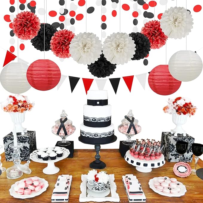 White Red Black Party Decorations - 52FT Paper Garland Streamers Decoration for Birthday Wedding Graduation Bachelorette Hanging Decor HongTongTong