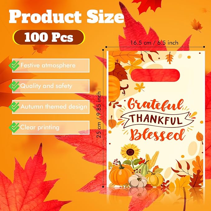 Supervitae 100 Pcs Thankful Grateful Blessed Party Gift Bags Fall Harvest Favor Bags Bulk with Handles for Thanksgiving Snacks Goodie Candy Treat Party Supplies