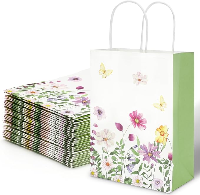 24Pcs Green Wildflower Paper Gift Bags Watercolor Wild Floral Party Favor Bags with Handles Decorative Goodie Candy Treat Bags for Spring Wedding Baby Shower Birthday Party Supplies