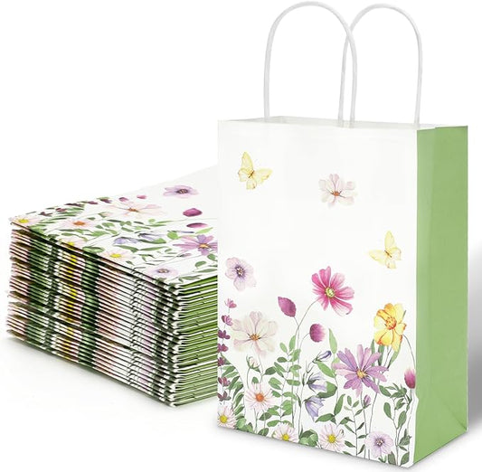 24Pcs Green Wildflower Paper Gift Bags Watercolor Wild Floral Party Favor Bags with Handles Decorative Goodie Candy Treat Bags for Spring Wedding Baby Shower Birthday Party Supplies