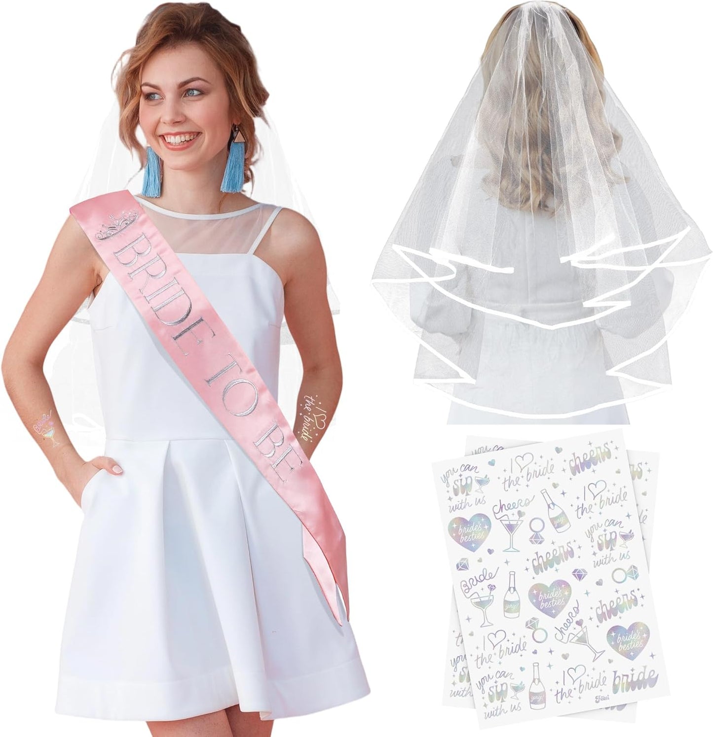 Elegant Bride to Be Sash Set – Embroidered Sash, Plain Veil & Temporary Tattoos – Bridal Shower Hen Night Bachelorette Party Accessories