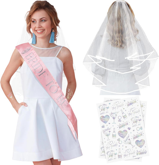 Elegant Bride to Be Sash Set – Embroidered Sash, Plain Veil & Temporary Tattoos – Bridal Shower Hen Night Bachelorette Party Accessories