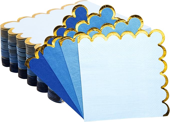 100 Pcs Blue Cocktail Napkins with Gold Foil Scalloped Edges 5 x 5 Inch Dessert Napkins Disposable Thick Paper for Wedding Dinner Birthday Party
