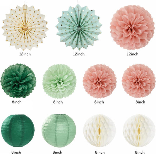 Sage-Green Pink-Gold Boho-Rustic Birthday Party-Decorations - 21pcs Happy Banner,Olive Retro Beige Paper Lanterns Pom Poms,Neutral Streamers Garland,Women Girls Decor Supplies Huglony