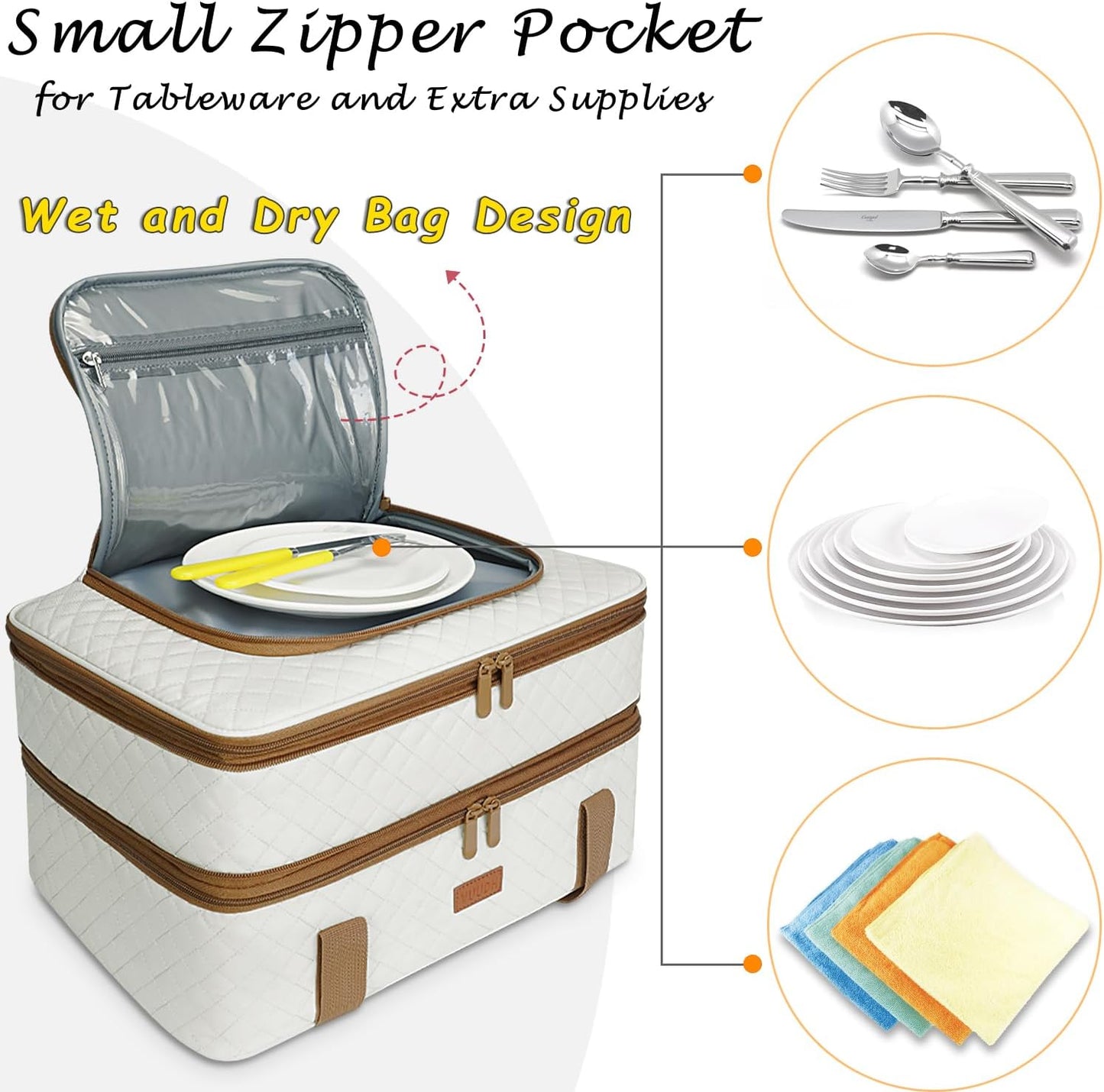 Vuudh Quilted Insulated Double Casserole Carrier - Thermal Lunch Tote for Potluck Parties, Picnic, Beach, Fits 9 x 18 Inches Baking Dish, Casserole Dish, Expandable (Beige)