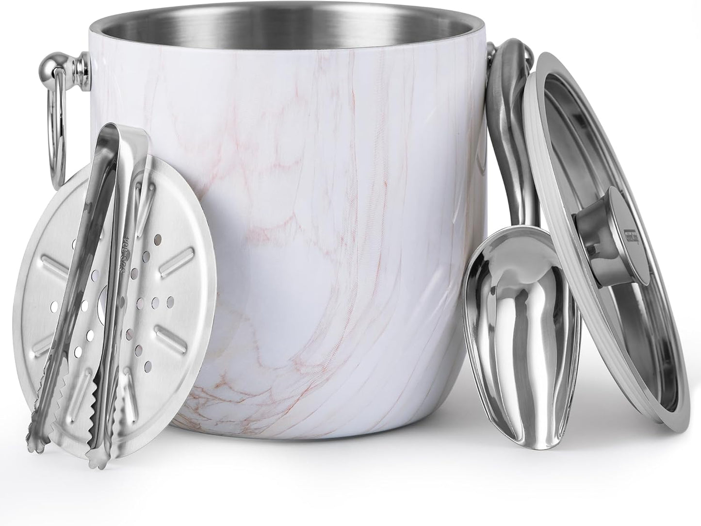 Insulated Ice Bucket, 3L Double Wall Stainless Steel Ice Bucket with Tongs,Lid, Scoop and Strainer, Ice Buckets for Parties,Cocktail Bars, Chilling Beer, Champagne, Wine Bottles