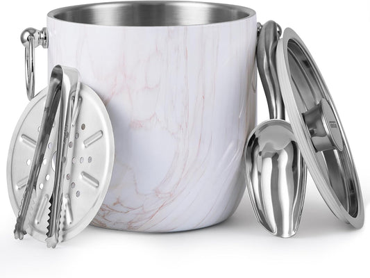Insulated Ice Bucket, 3L Double Wall Stainless Steel Ice Bucket with Tongs,Lid, Scoop and Strainer, Ice Buckets for Parties,Cocktail Bars, Chilling Beer, Champagne, Wine Bottles