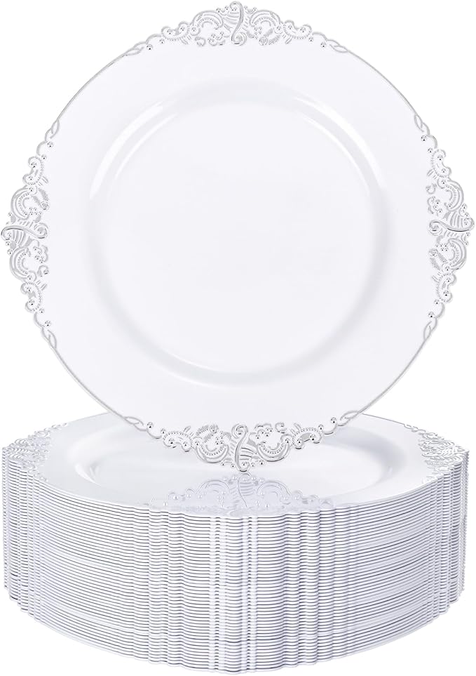 Nervure 100PCS White and Silver Plastic Plates - 10.25Inch Silver Disposable Plates - Heavyweight Dinner Plates for Wedding & Party