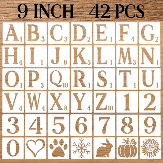 9 Inch Letter Stencils Numbers Craft Stencils, 42 Pcs Reusable Plastic Alphabet Drawing Templates for Painting on Wood, Wall, Fabric, Rock, Signage, Door Porch, DIY Art Projects