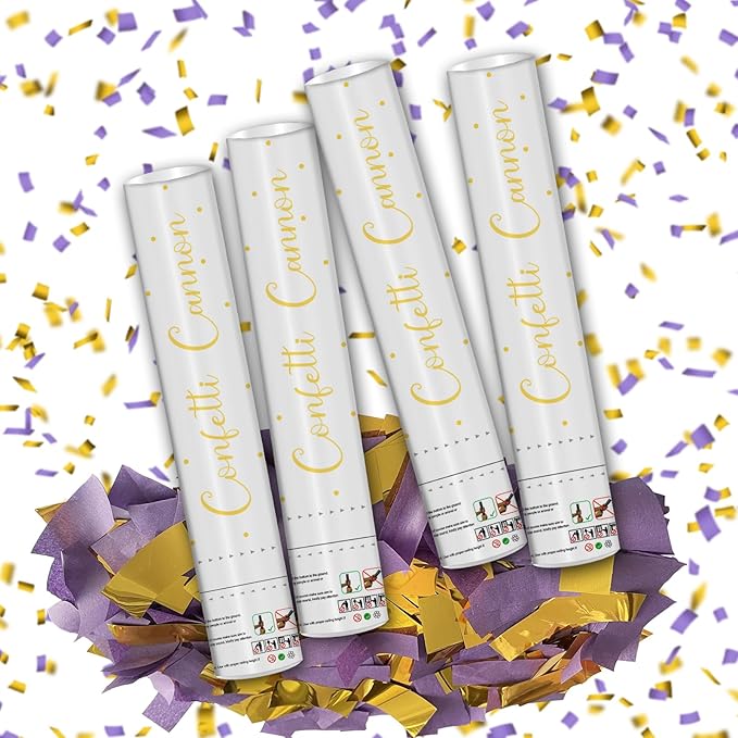 12" Purple & Gold Confetti Cannons - Party Poppers for Birthday Graduation Wedding Celebrations - Easy to Use, Biodegradable - Pack of 4