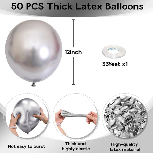 Metallic Silver Balloons - 50pcs, 12 Inch Chrome Silver Latex Balloons for Birthday, Graduation, Anniversary, Wedding & Party Decorations