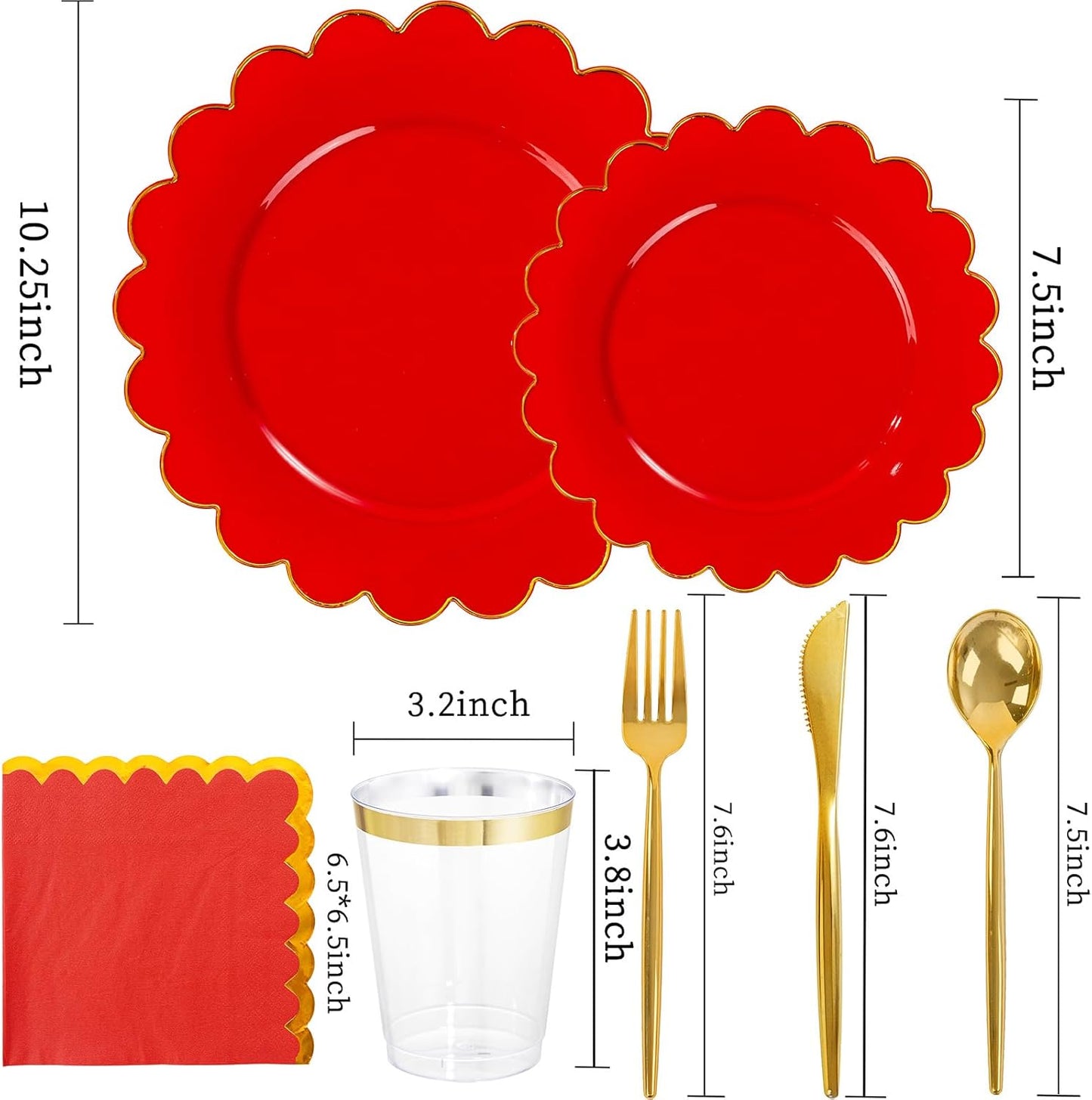 LIYH 210 Pcs Red Plastic Plates - Christmas Disposable Plates and Napkins Set, Gold Scalloped Plastic Plate Include Dinner & Dessert Plate, Silverware, Cups for Xmas Day 30 Guests