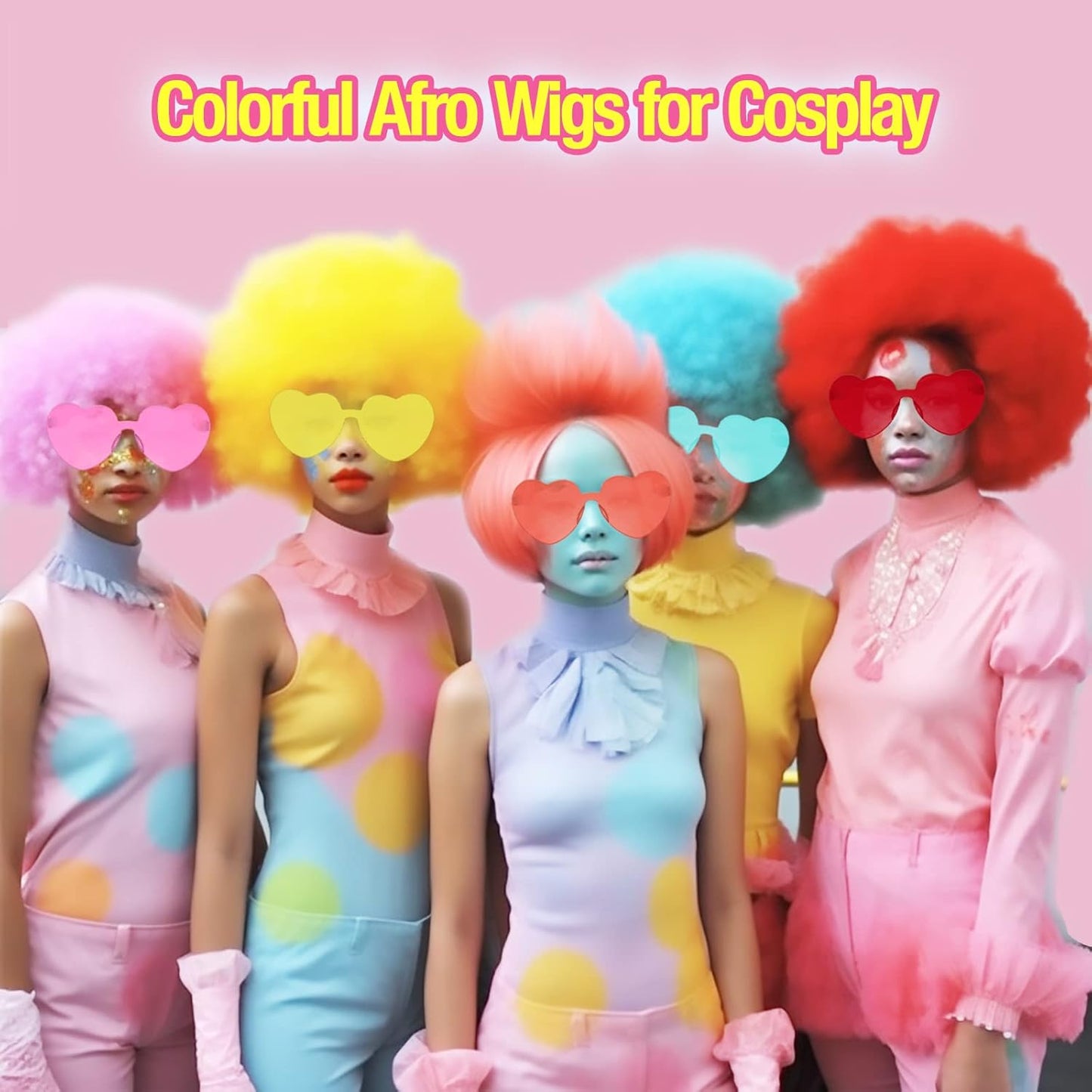 Short Bob Colors Wigs with Bangs, 6Pcs Cosplay Wig with Heart Sunglasses for Halloween Bachelor Party Decorations