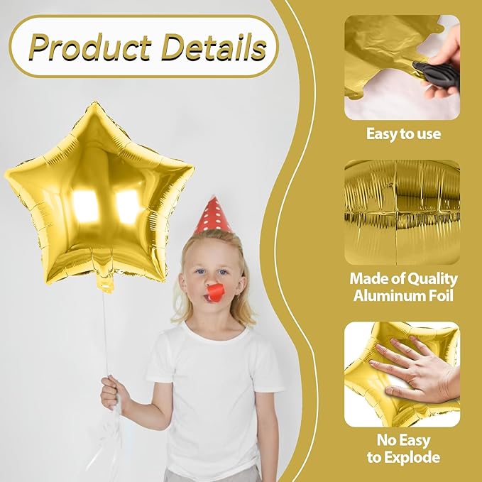 Black Gold Silver Star Foil Balloons, 10PCS Foil Stars Shape Balloons, 18 Inch Metallic Black and Gold Stars Balloon for Helium Pentagram Balloon for Birthday, New Years, Graduation Party Decorations