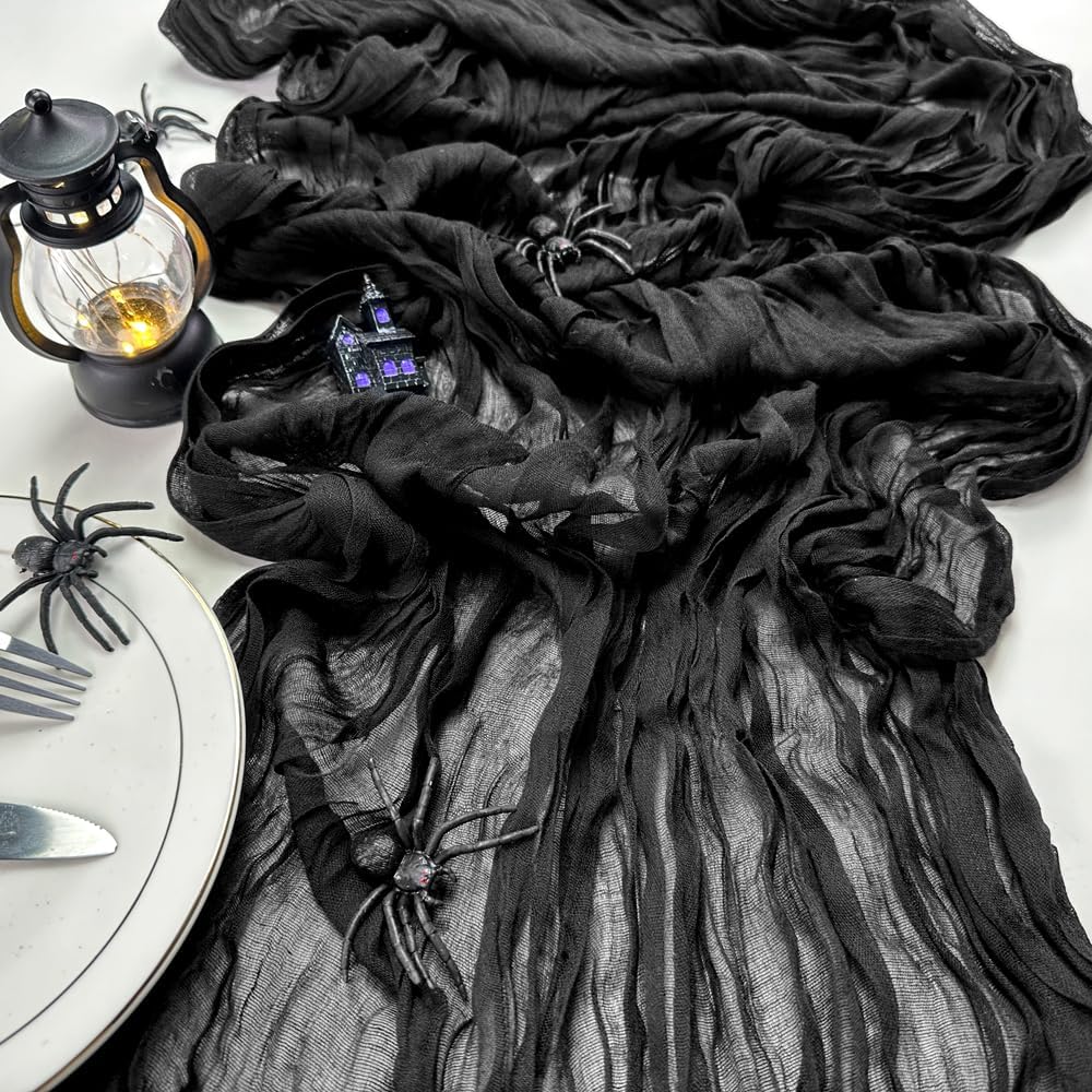 Booque Valley Black Table Runner 3 Pack Cheesecloth 10ft Super Soft Boho Wrinkled Gauze Sheer Cloth for Baby Shower Baptism Birthday Party Wedding Centerpiece Table Halloween Decoration, 35x120 Inch