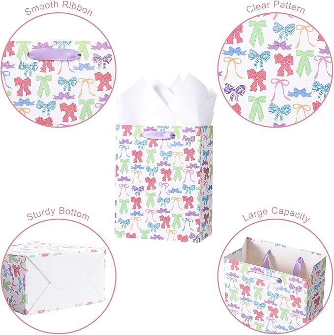 Loveinside Medium Size Gift Bags, Colorful Bow Pattern Gift Bag with Tissue Paper for Shopping, Parties, Wedding, Baby Shower, Craft-4 Pack, 7" X 4" X 9"
