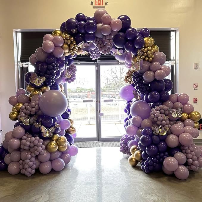 Purple Balloon Garland Arch Kit, 162pcs Dark Purple Lavender Light Pastel Purple Chrome Gold Confetti Balloons for Wedding bridal shower Mothers Day Princess Birthday Butterfly Party Decorations