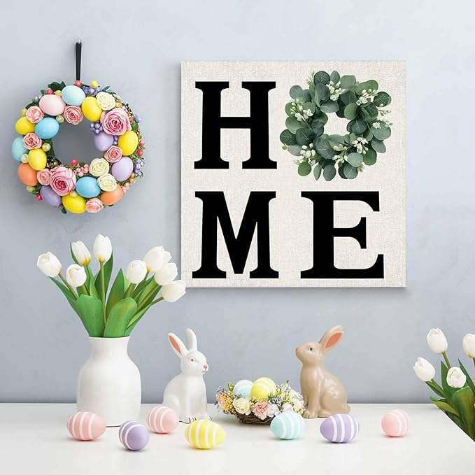 Canvas Artwork Painting Art, Home Green Eucalyptus Leaves Garland Square Framed Wall Decorations Prints Picture for Bedroom Kitchen Living Room, 24x24 in Retro Linen