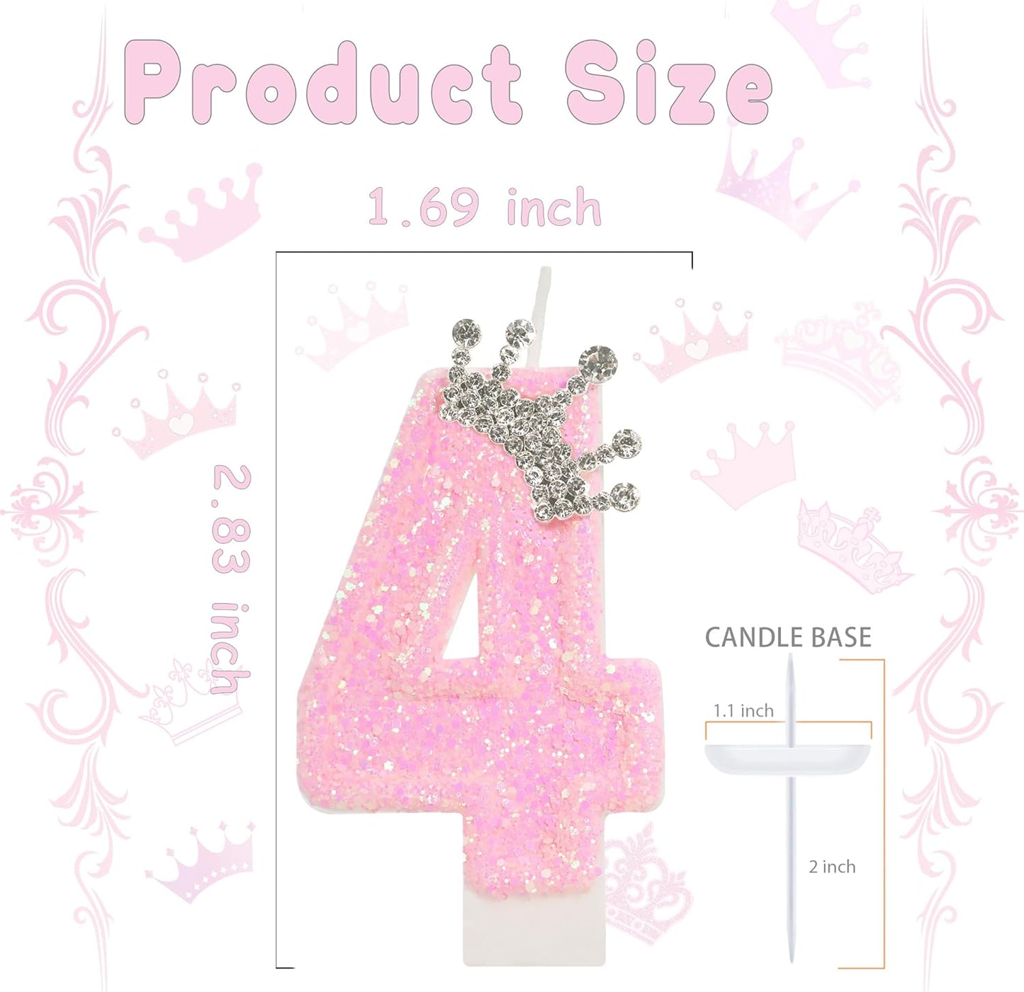 Birthday Candle for Cake, Crown Pink Number Candles, 2.76 inch Cake Topper Decoration for Birthday Party (Number 4)