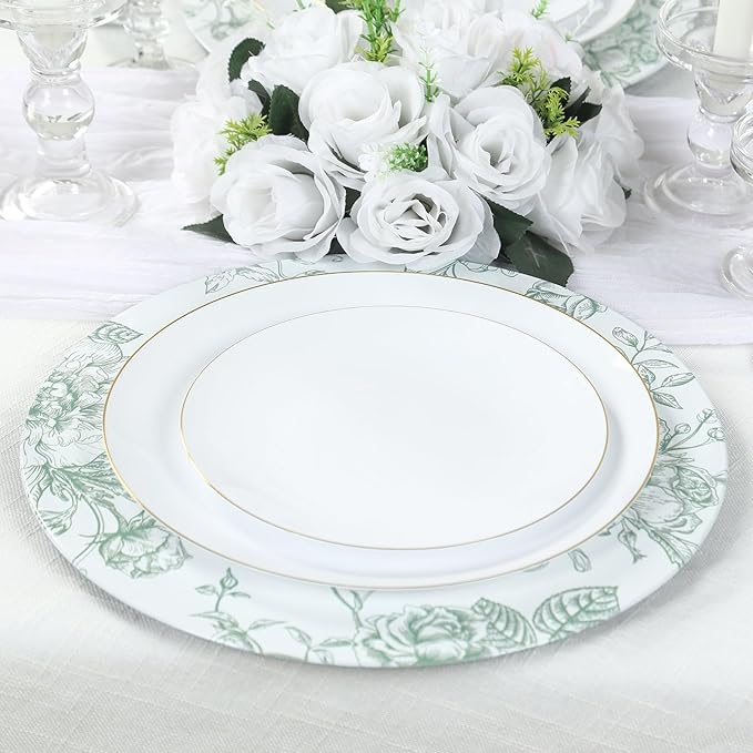 Efavormart 6 Pack Floral Acrylic Charger Plates in French Toile Pattern, White Sage Green Round Dinner Charger Event Tabletop Decor - 13"