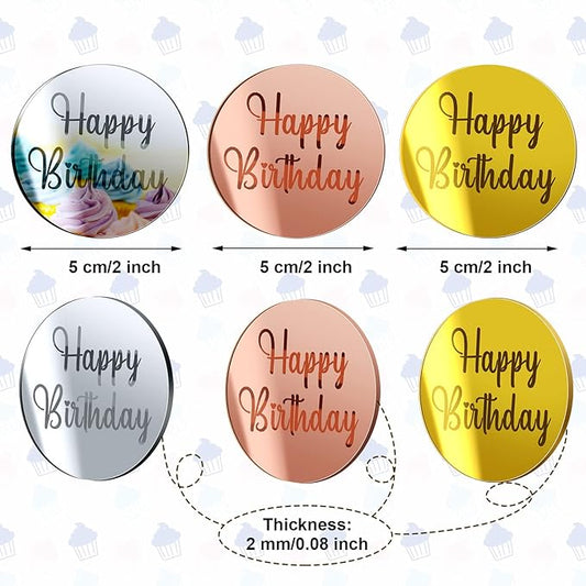 Qunclay 30 Pcs Happy Birthday Acrylic Cake Toppers, Mirror Acrylic Cupcake Toppers, 3 Multi-shape & Gold Rose Gold Silver Cupcake Picks for Birthday Party Pastries Decor DIY Supplies(Round)