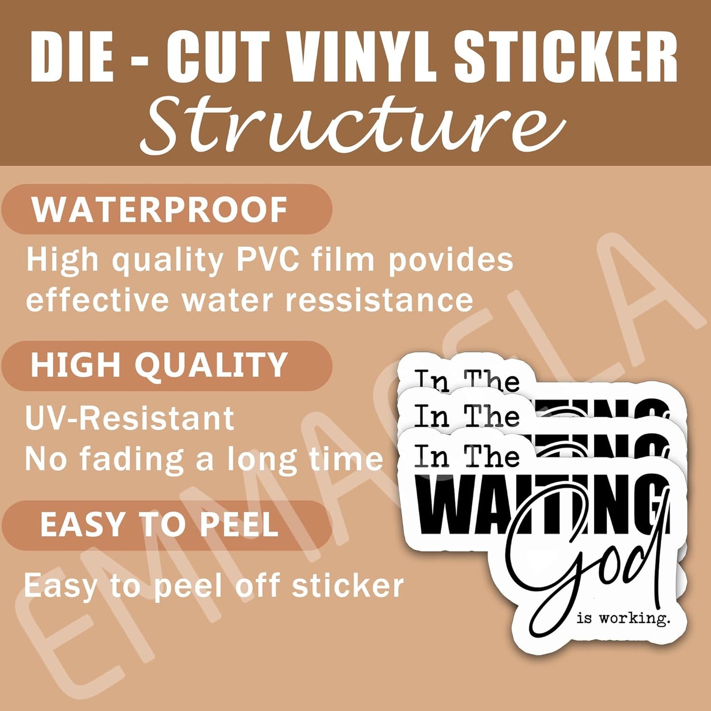 (3PCS) Christian Bible Verse Stickers – in The Waiting God is Working – Inspirational Religious Faith Waterproof Vinyl Decals for Water Bottles, Tumblers, Laptops, Scapbooks - 3'' x 2.3"
