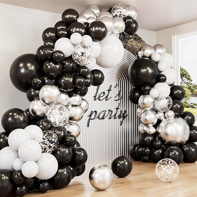 Black and Silver Balloons Garland Arch Kit,135 Pcs Graduation Balloons Kit，Metallic Silver Black White and Confetti Balloons for Graduation Decor，Birthday，Retirement，Wedding, Anniversary Supplie