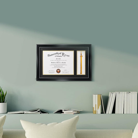GraduationMall 11x17 Black Diploma Frame with Tassel Holder for 8.5x11 Certificate Document,Real Glass, Black over Gold Mat