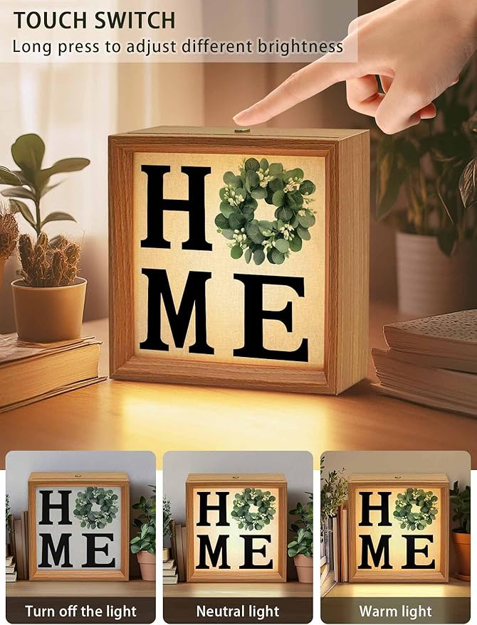 Wood Night Light Box 6.5x6.5in,Home Green Eucalyptus Leaves Garland Table Lights Wooden Picture Frame with USB Rechargeable Touch LED Lights for Home Decor Desktop Display,Retro Linen