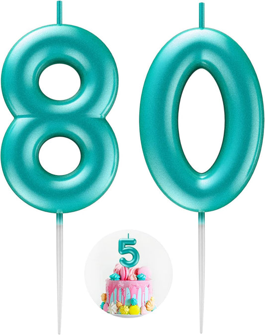 Blue Number 80 Candle Happy Birthday 3D Number Candles for Birthday Cake Party Decoration Wedding Anniversary Celebration Supplies