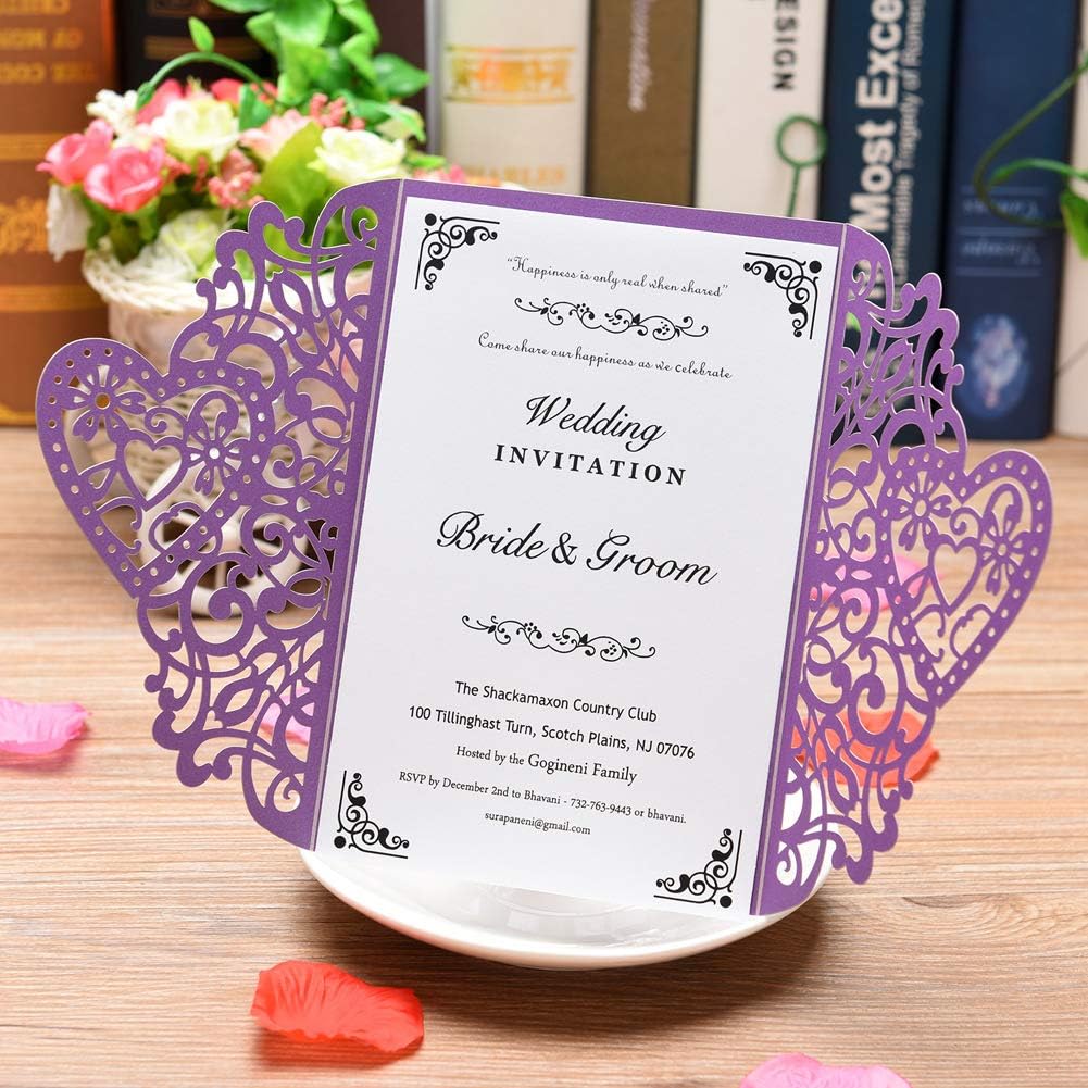FOMTOR Laser Cut Wedding Invitations Kits 50 Packs Laser Cut Wedding Invitations with Blank Printable Cards and Envelopes for Wedding,Birthday Parties,Baby Shower Purple