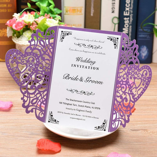 FOMTOR Laser Cut Wedding Invitations Kits 50 Packs Laser Cut Wedding Invitations with Blank Printable Cards and Envelopes for Wedding,Birthday Parties,Baby Shower Purple