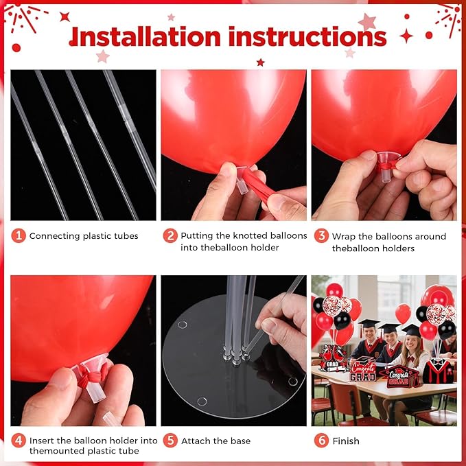 6 Sets Black Red Graduation Balloon Stand Kit for Table Decorations Class of 2025 Congrats Grad Table Centerpiece Grad Prom Themed Decoration for Grad School & College Ceremonies Party Supplies