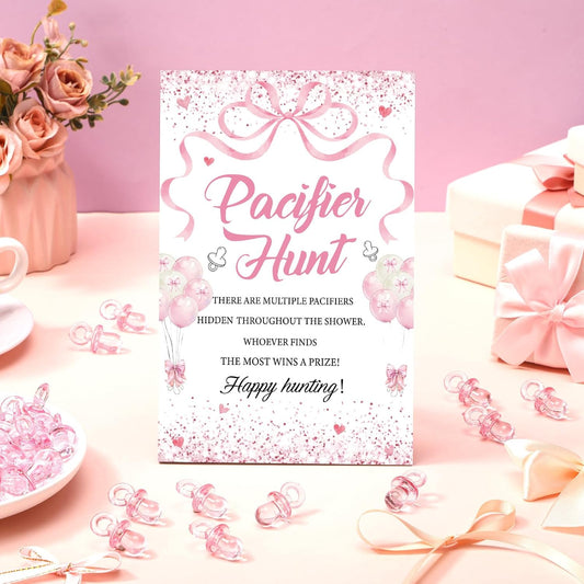 Thyle 51 Pcs Pacifier Hunt Baby Shower Games Include Hunt Sign and 50 Acrylic Pacifiers for Baby Shower Game Decoration Gift Sets Gender Reveal Party Decor(Pink Bow)