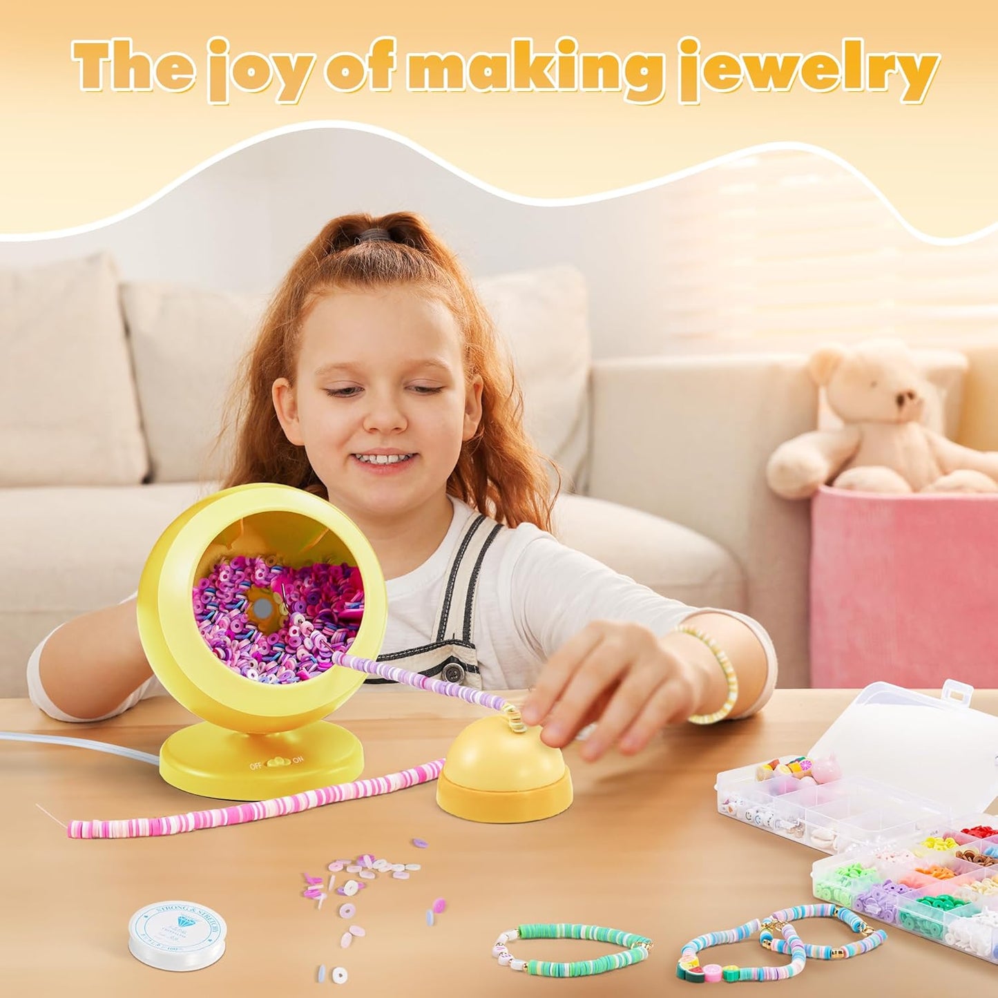 ETUDAW Bead Spinner, 4500 PCS Clay Beads and Electric Bracelet Maker with Needles and Thread for Bracelets, Necklace, Charms, DIY Birthday Gifts(Yellow)