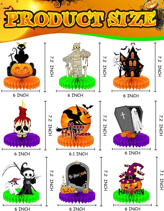 Halloween Table Decorations – 9Pcs Honeycomb Centerpieces for Table Featuring Pumpkin, Ghost, Cat, Castle, Tombstone,Spooky Decor for Kids Birthday and Halloween Party