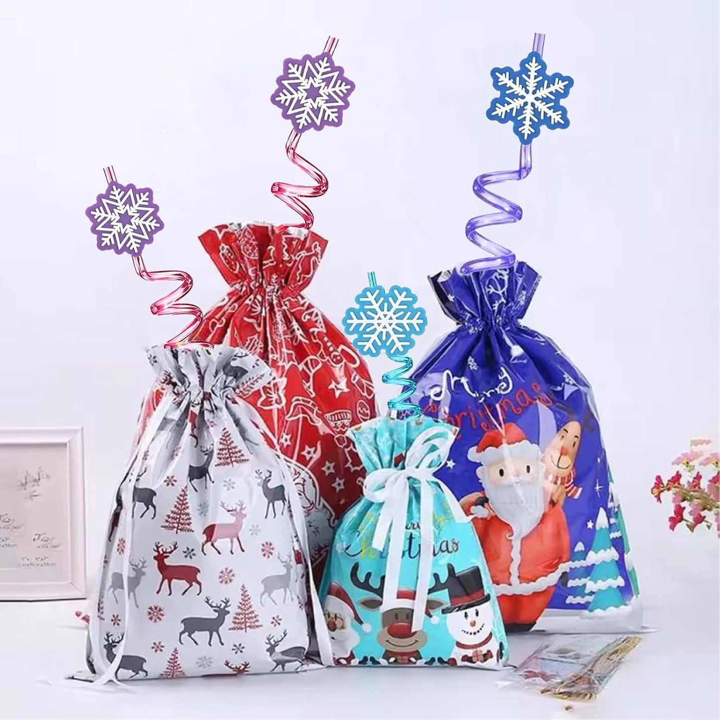 24 PCS Frozen Plastic Straws for Birthday Party Supplies Snowflake Shape Drinking Straws with 2 PCS Cleaning Brushes (Frozen Blue)