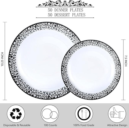 U-QE 100pcs Clear and Black Plastic Plates - Black Plates Disposable for Party - Disposable Plates for Premium Party Supplies Including 50 Dinner Plate 10.25 '' &50 Dessert 7.5 '' Plate