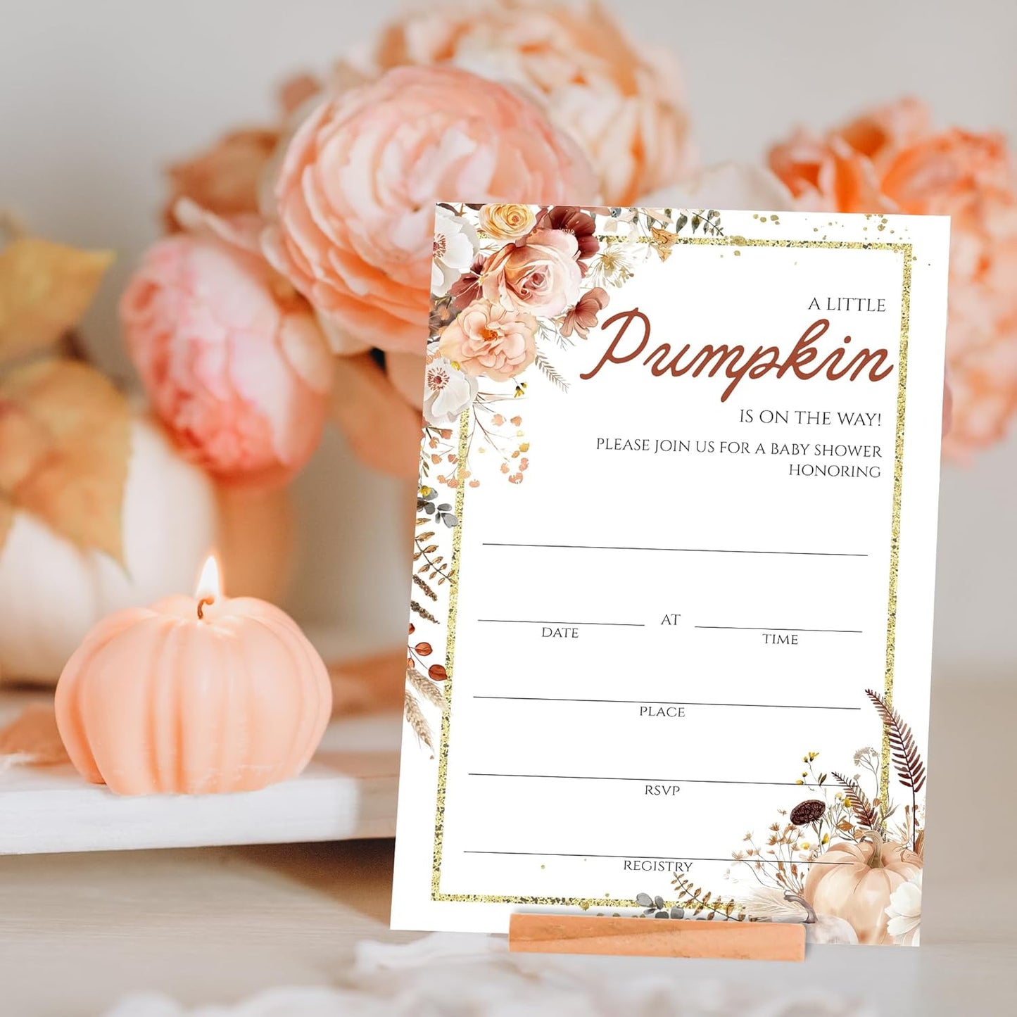 Fall Floral Pumpkin Baby Shower Invitations - “A Little Pumpkin Is On The Way” Design with Envelopes And RSVP Cards - 20Pcs Fill In Baby Shower Party Cards(4 x 6 Inch) (041)