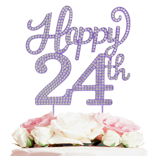 LASKYER Happy 24th Birthday Purple Rhinestone Cake Topper - 24th Birthday/Anniversary,Cheers to 24 Years Old Bday Party Metal Sparkly Centerpieces Decorations.