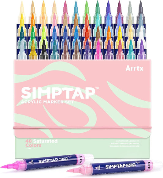 Arrtx Simptap Series Acrylic Paint Pens, Brush Tip Acrylic Paint Markers for Rock Painting, DIY Craft, 48 Count