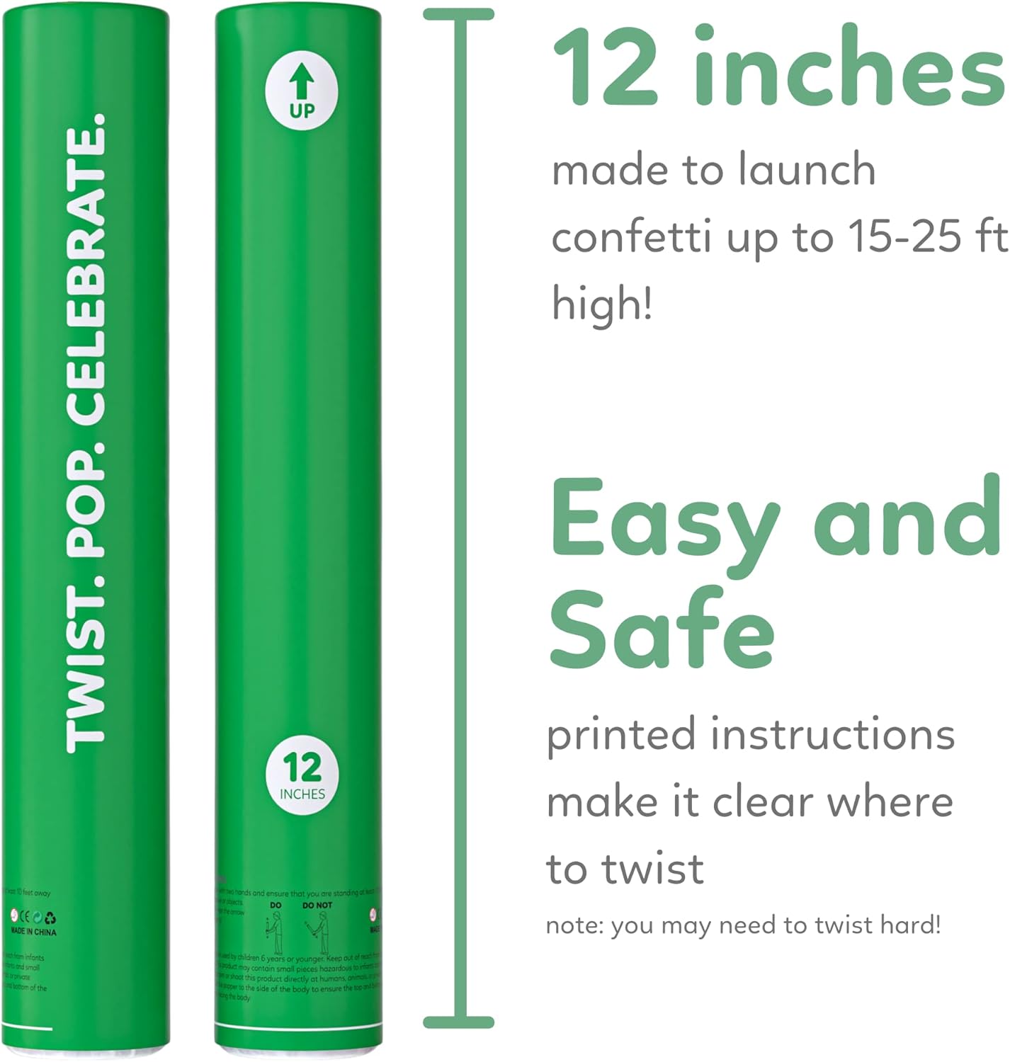 2 Pack Confetti Cannon Confetti Poppers | Biodegradable Green Confetti | TUR Party Supplies | Launches Up to 25ft | Giant (12 in) | Party Poppers for Graduation, Birthdays, Weddings, and Memorial Day