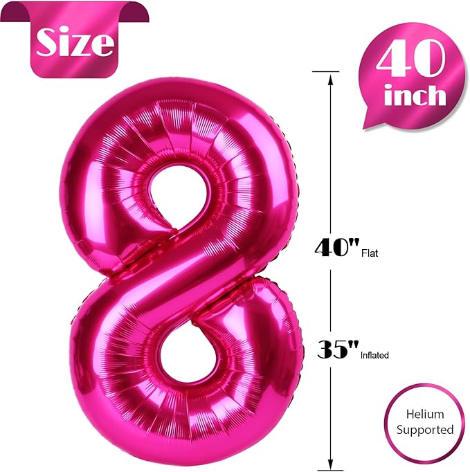 Hot Pink Number 8 Balloon 40 Inch, 8th Birthday Party Decorations for Children, Giant 8 Foil Balloon for Party Supplies