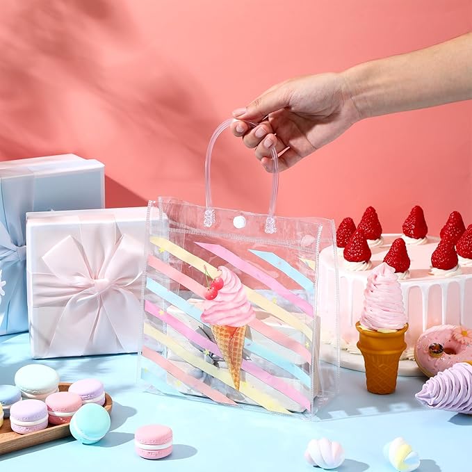 Aliceset 20 Pcs Ice Cream Party Favor Bags with Handles Clear Plastic PVC Summer Goody Bags Ice Cream Theme Birthday Party Baby Shower Supplies Sweet Candy Decorations 8x8x3.15 Inch