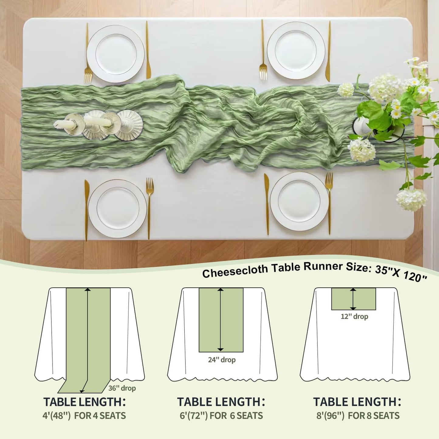 GARIG 6 Sage Green Table Runner for Summer, 10FT Boho Sheer Spring Gauze Cheesecloth Table Runner 35x120Inch for Mother's Day Wedding Party Baby Bridal Shower Birthday Home Decor