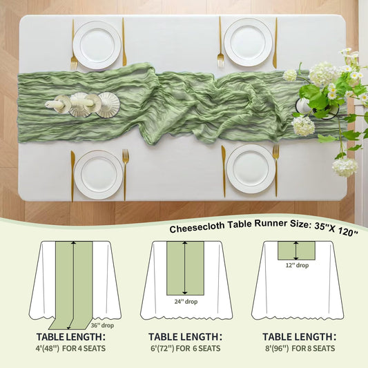 GARIG 6 Sage Green Table Runner for Summer, 10FT Boho Sheer Spring Gauze Cheesecloth Table Runner 35x120Inch for Mother's Day Wedding Party Baby Bridal Shower Birthday Home Decor